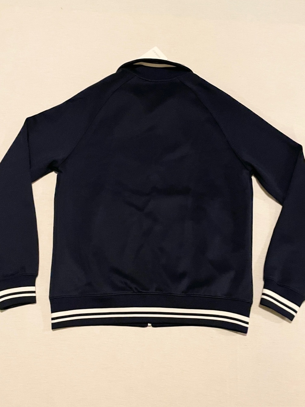 en THREAD Navy Blue Full Zip Track Jacket Sporty White Stripes Size Small Flaws - Picture 14 of 16